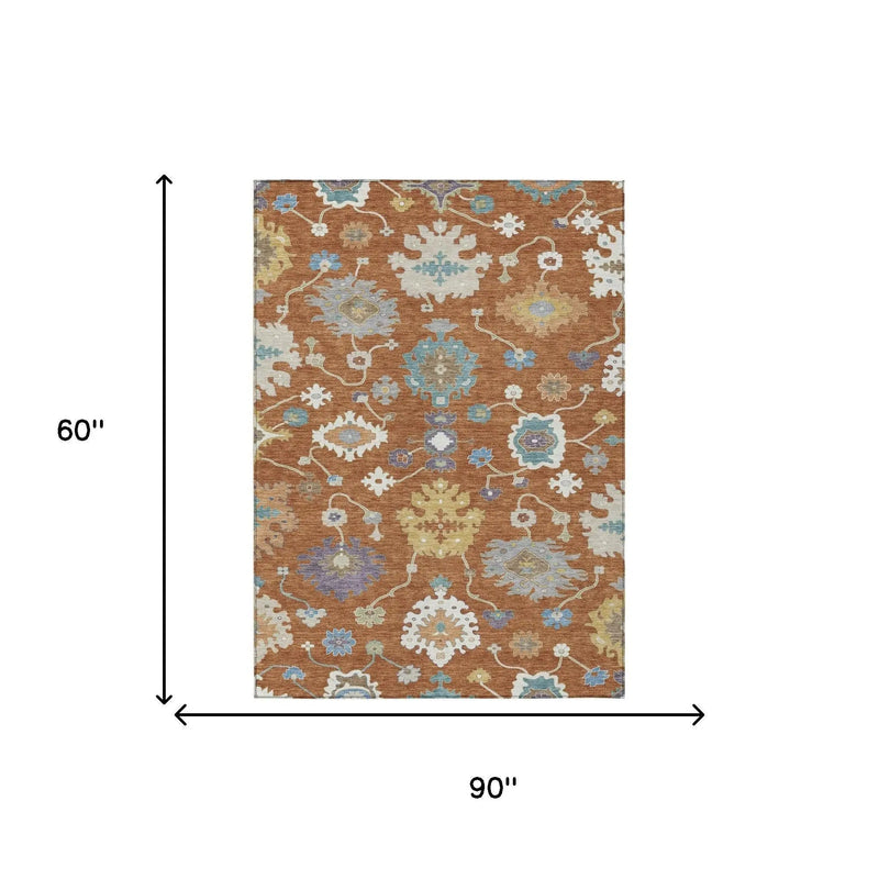 5' X 8' Orange And Teal Blue Oriental Washable Indoor Outdoor Area Rug Homeroots Outdoor