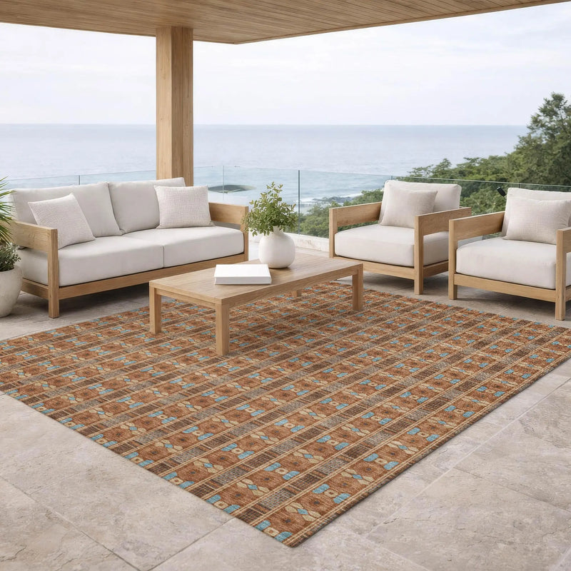 5' X 8' Orange And Teal Blue Striped Washable Indoor Outdoor Area Rug Homeroots Outdoor