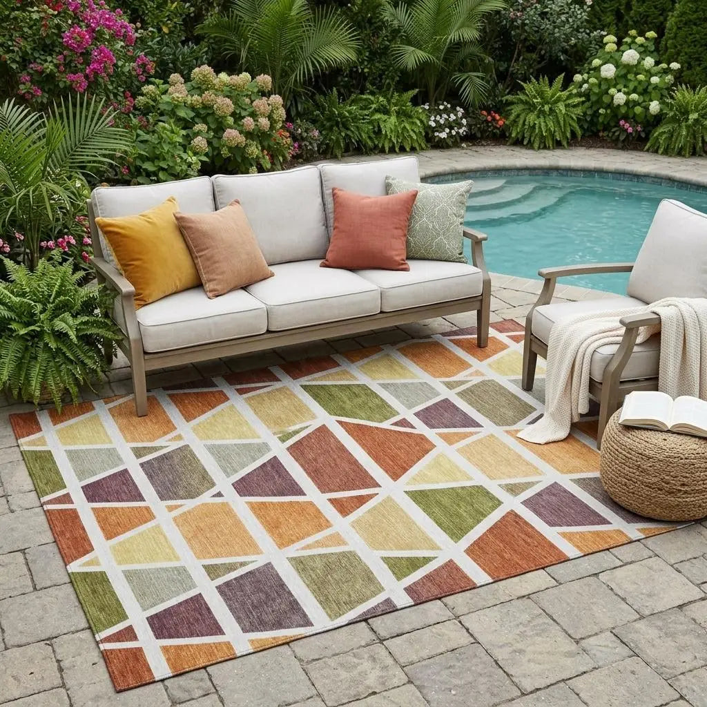 5' X 8' Orange And White Geometric Washable Indoor Outdoor Area Rug Homeroots Outdoor