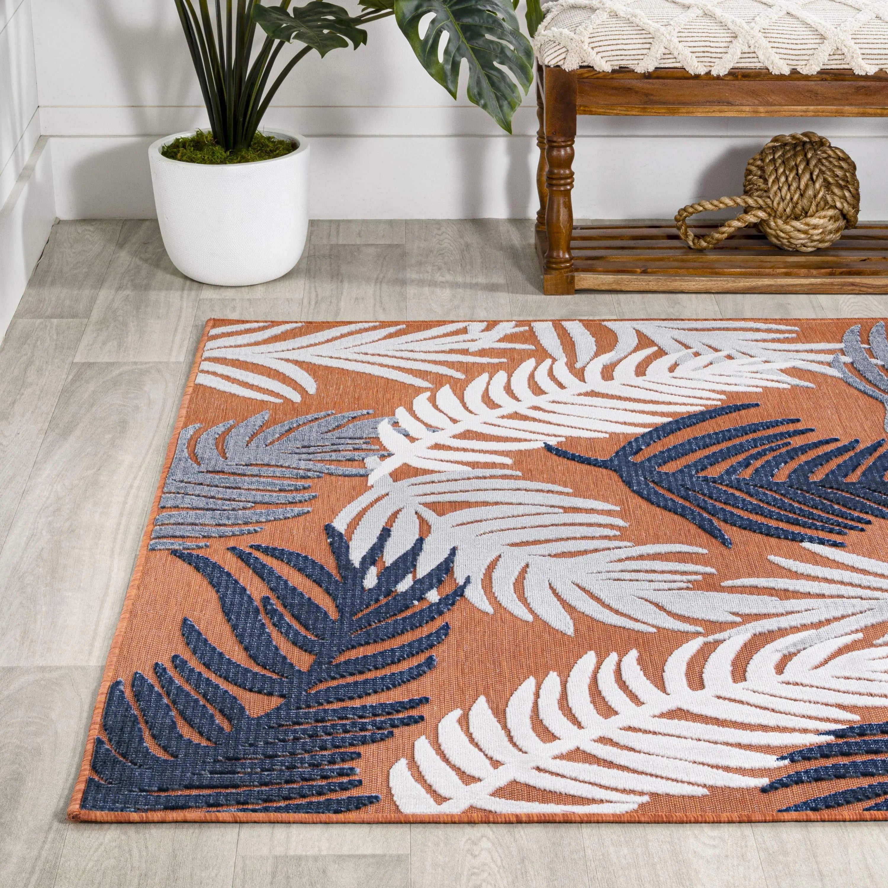 5' X 8' Orange Navy Blue And Ivory Floral Indoor Outdoor Area Rug - GreatEagleInc