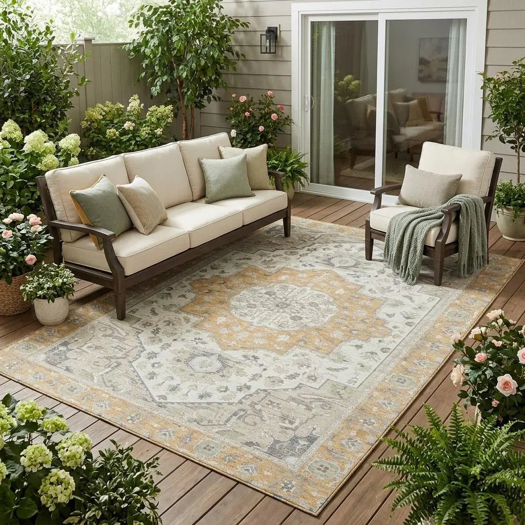5' X 8' Peach And Gold Oriental Washable Indoor Outdoor Area Rug Homeroots Outdoor