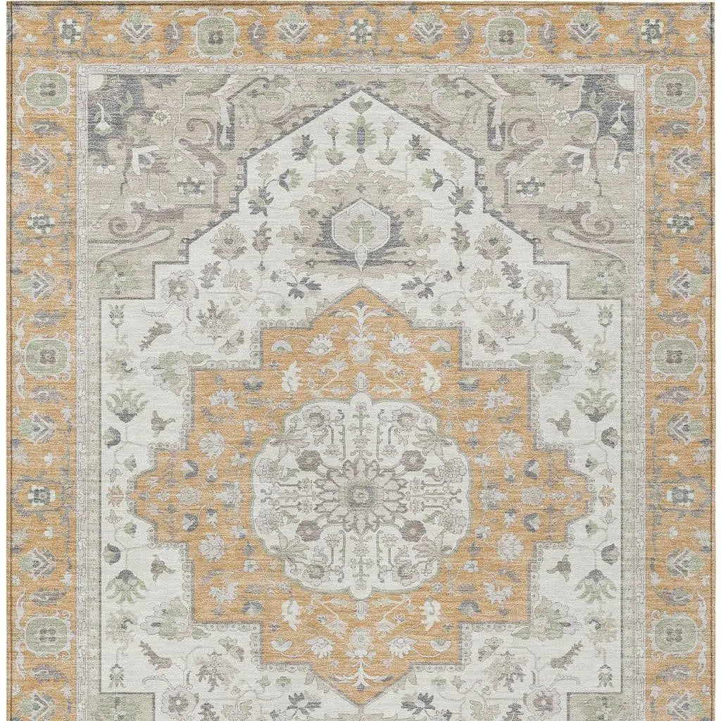 5' X 8' Peach And Gold Oriental Washable Indoor Outdoor Area Rug Homeroots Outdoor