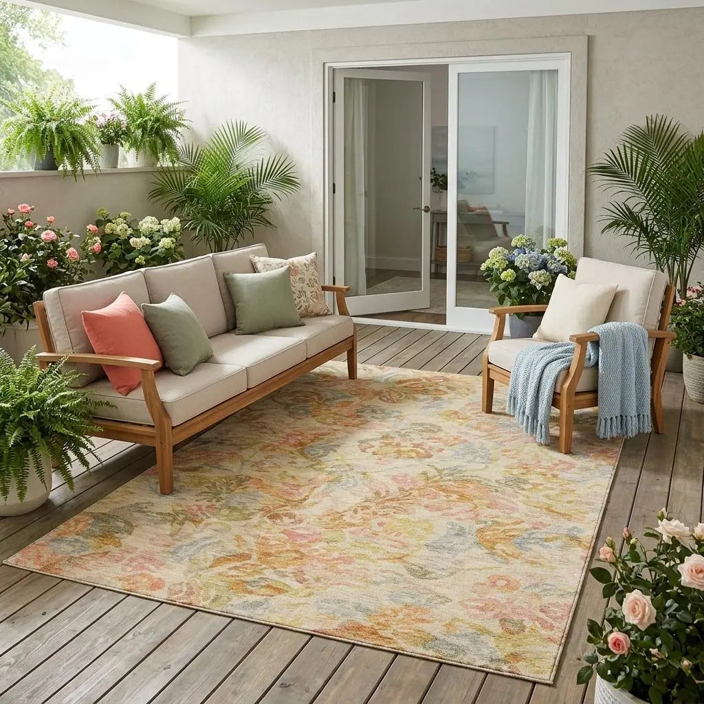 5' X 8' Peach And Orange Floral Washable Indoor Outdoor Area Rug Homeroots Outdoor