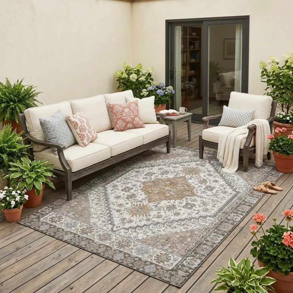 5' X 8' Pearl And Ivory Oriental Washable Indoor Outdoor Area Rug Homeroots Outdoor