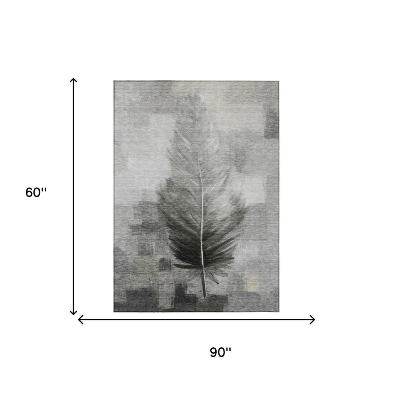 5' X 8' Pewter And Gray Botanical Leaves Washable Indoor Outdoor Area Rug Homeroots Outdoor