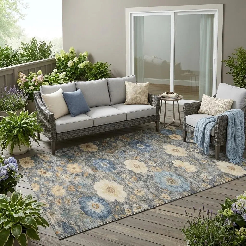 5' X 8' Pewter And Gray Floral Washable Indoor Outdoor Area Rug Homeroots Outdoor