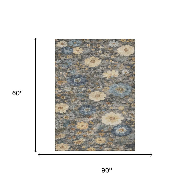 5' X 8' Pewter And Gray Floral Washable Indoor Outdoor Area Rug Homeroots Outdoor