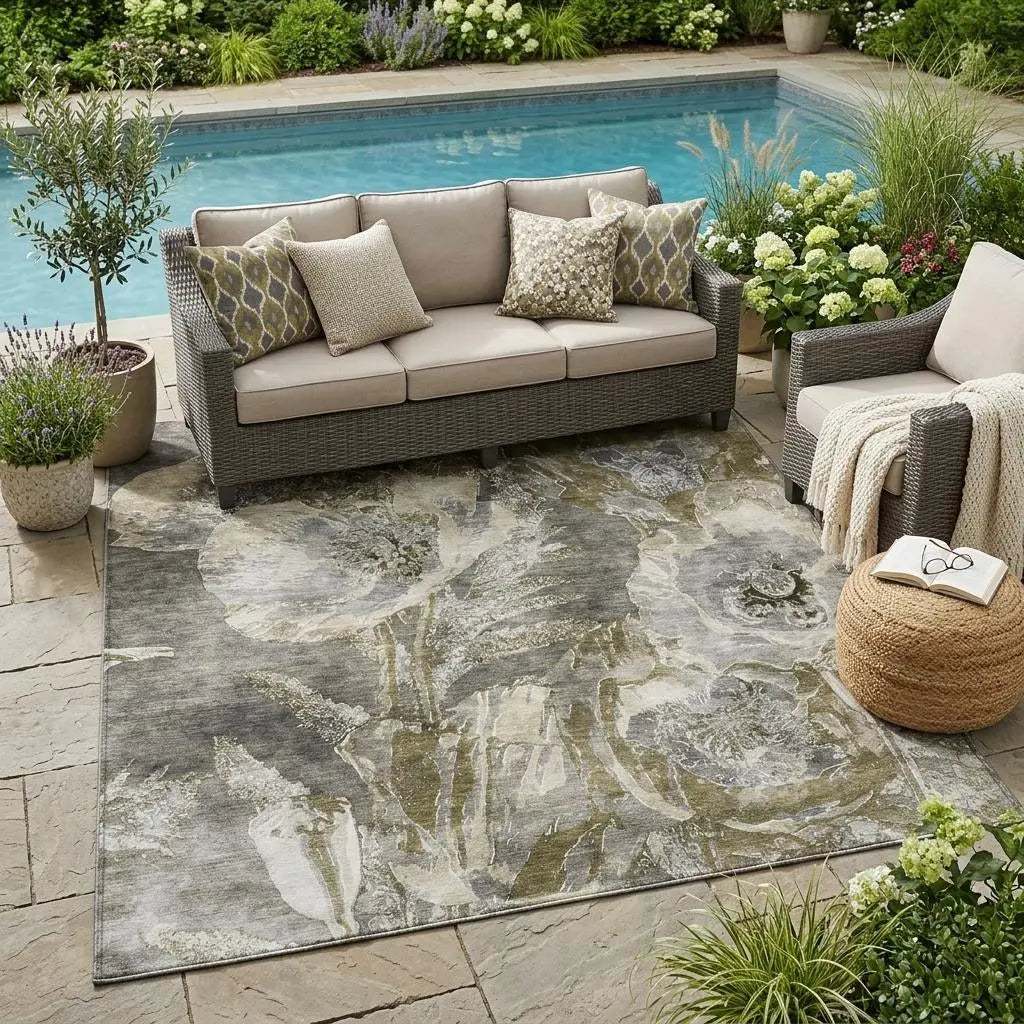 5' X 8' Pewter And Gray Floral Washable Indoor Outdoor Area Rug Homeroots Outdoor