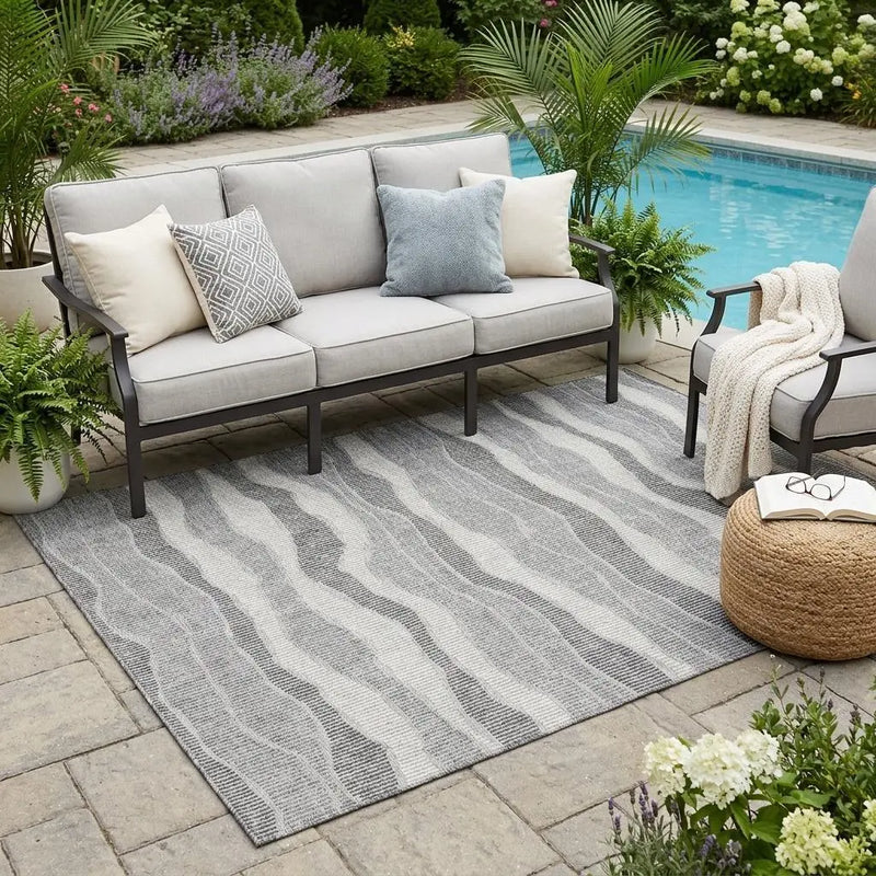 5' X 8' Pewter And Gray Striped Washable Indoor Outdoor Area Rug Homeroots Outdoor