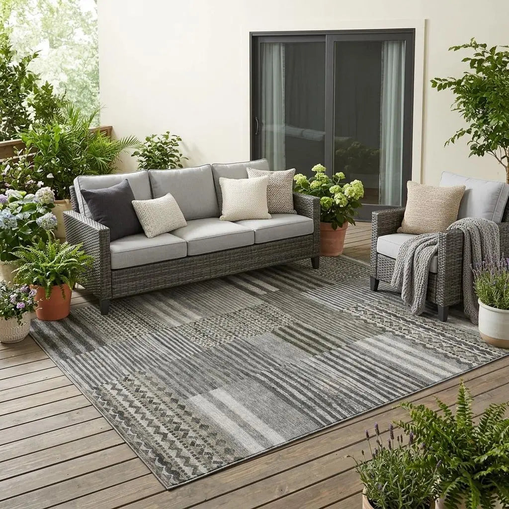 5' X 8' Pewter And Gray Striped Washable Indoor Outdoor Area Rug Homeroots Outdoor