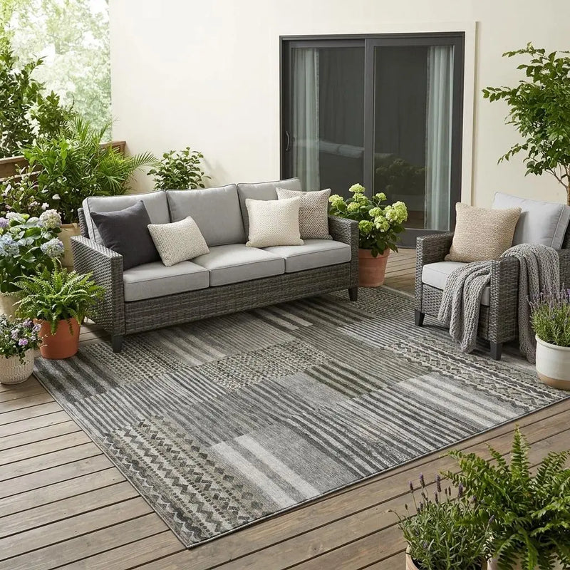 5' X 8' Pewter And Gray Striped Washable Indoor Outdoor Area Rug Homeroots Outdoor