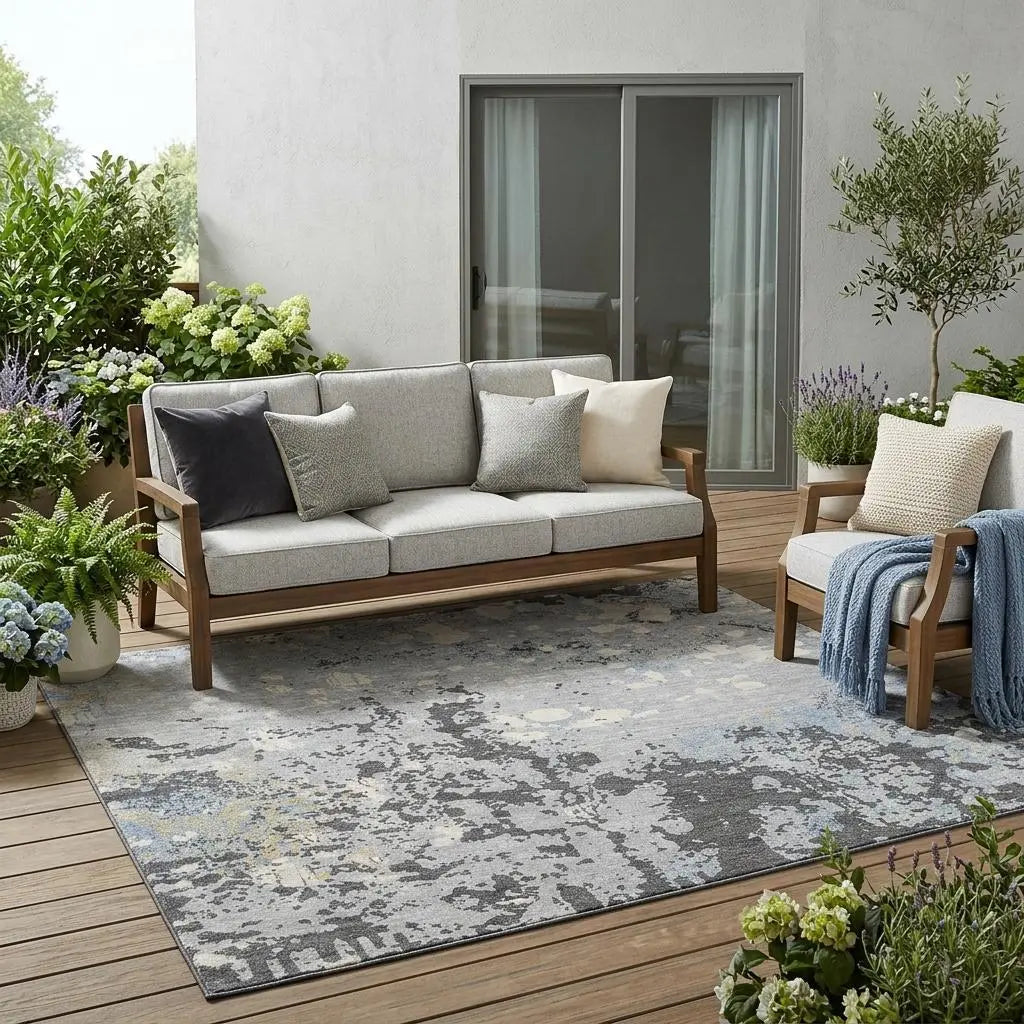 5' X 8' Pewter And Ivory Abstract Washable Indoor Outdoor Area Rug Homeroots Outdoor