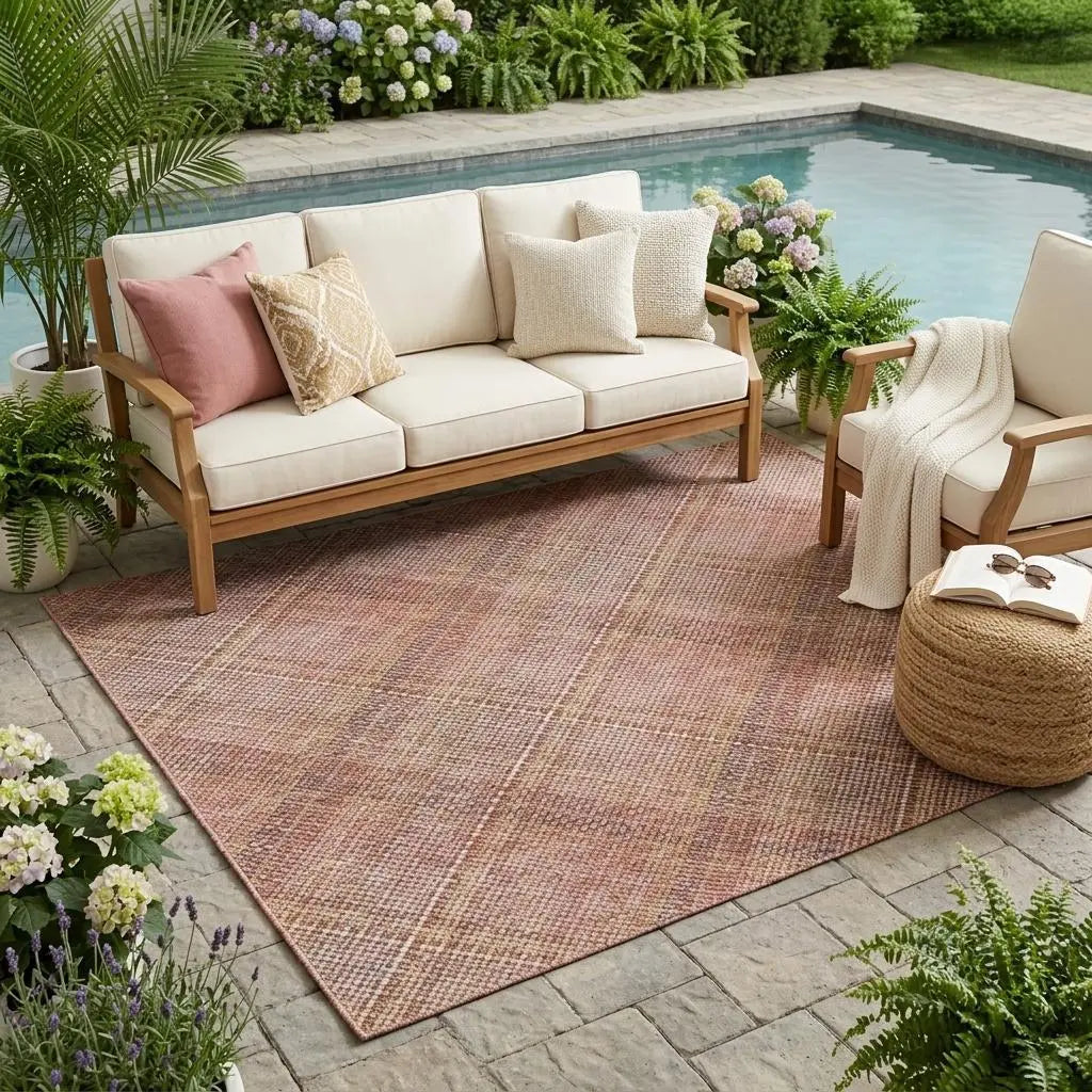 5' X 8' Pink And Beige Plaid Washable Indoor Outdoor Area Rug Homeroots Outdoor