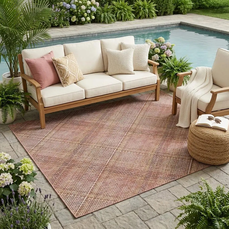 5' X 8' Pink And Beige Plaid Washable Indoor Outdoor Area Rug Homeroots Outdoor