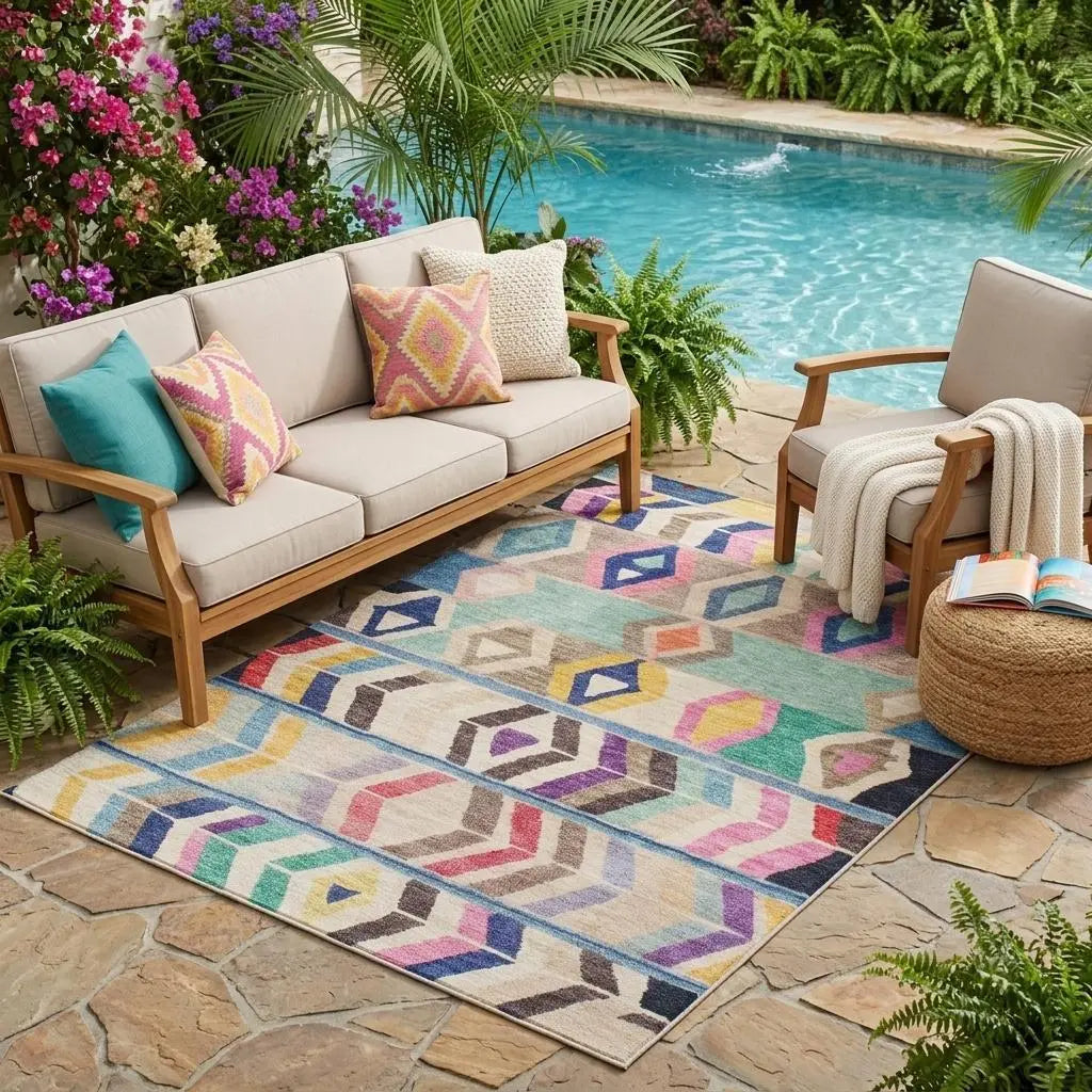 5' X 8' Pink And Blue Tribal Washable Indoor Outdoor Area Rug Homeroots Outdoor