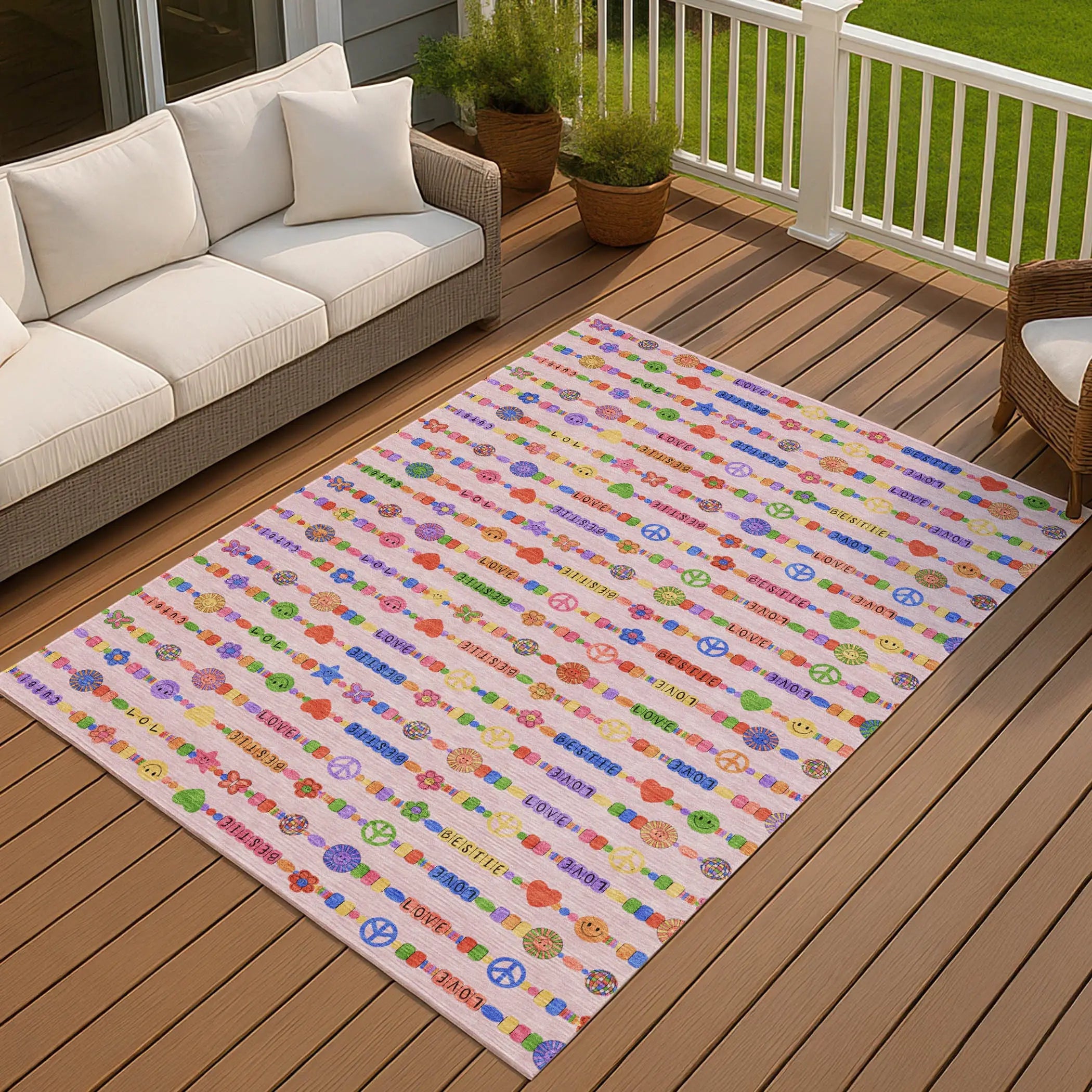 5' X 8' Pink And Fern Green Geometric Washable Indoor Outdoor Area Rug Homeroots Outdoor