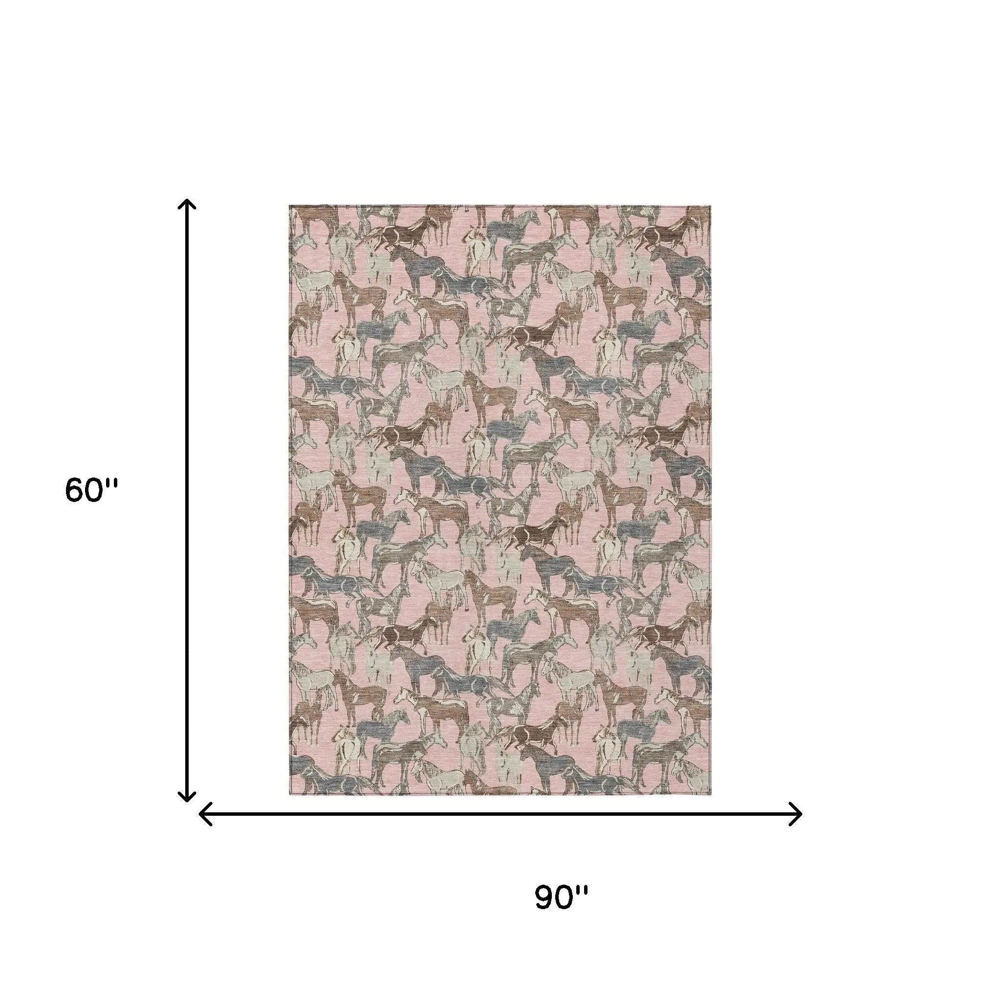 5' X 8' Pink And Gray Horse Washable Indoor Outdoor Area Rug Homeroots Outdoor