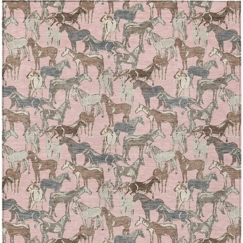 5' X 8' Pink And Gray Horse Washable Indoor Outdoor Area Rug Homeroots Outdoor