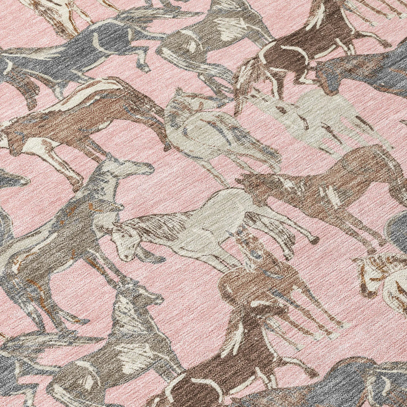 5' X 8' Pink And Gray Horse Washable Indoor Outdoor Area Rug Homeroots Outdoor