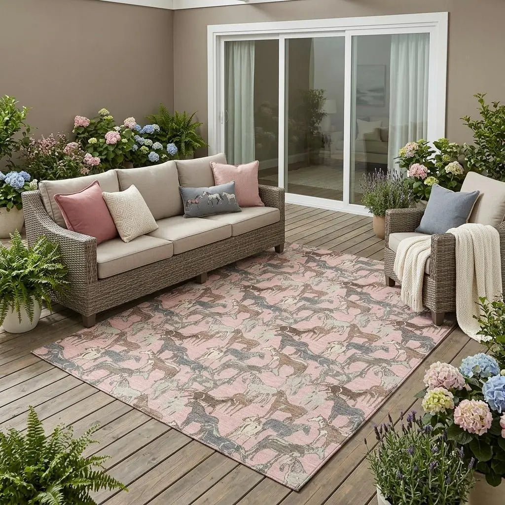 5' X 8' Pink And Gray Horse Washable Indoor Outdoor Area Rug Homeroots Outdoor