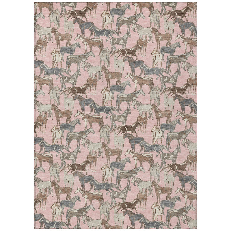 5' X 8' Pink And Gray Horse Washable Indoor Outdoor Area Rug Homeroots Outdoor