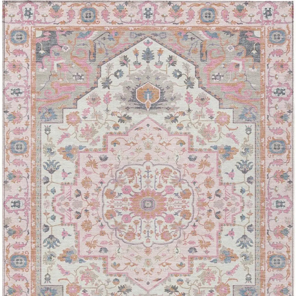 5' X 8' Pink And Gray Oriental Washable Indoor Outdoor Area Rug Homeroots Outdoor