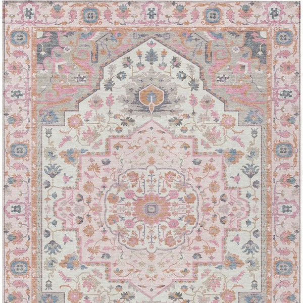 5' X 8' Pink And Gray Oriental Washable Indoor Outdoor Area Rug Homeroots Outdoor