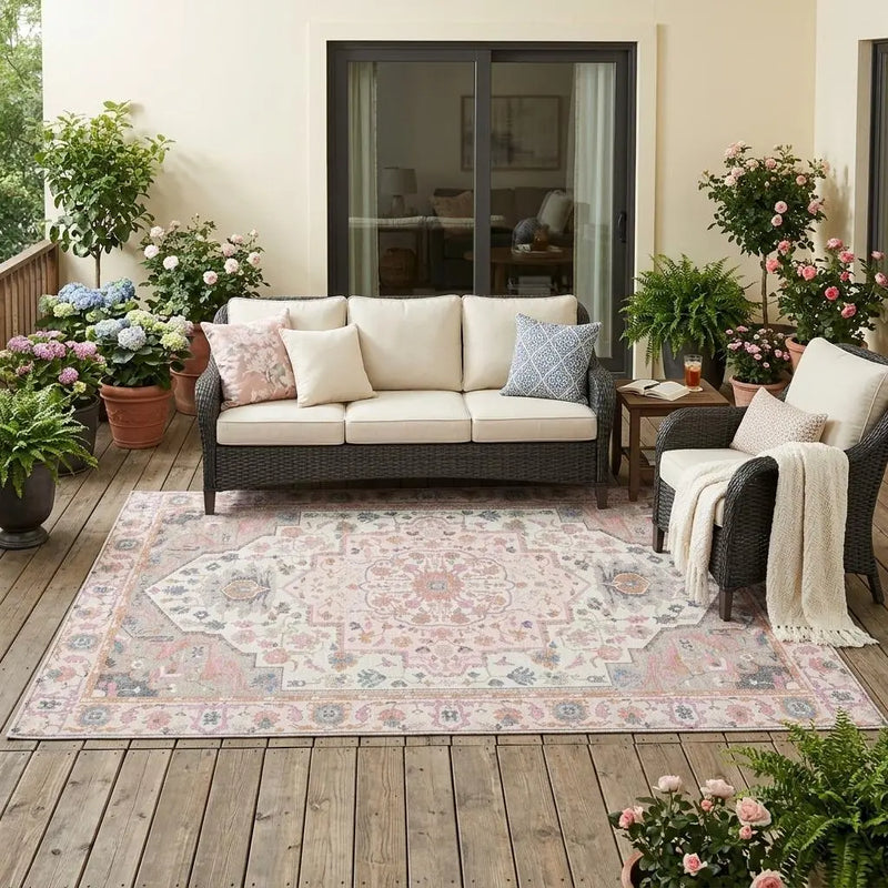 5' X 8' Pink And Gray Oriental Washable Indoor Outdoor Area Rug Homeroots Outdoor