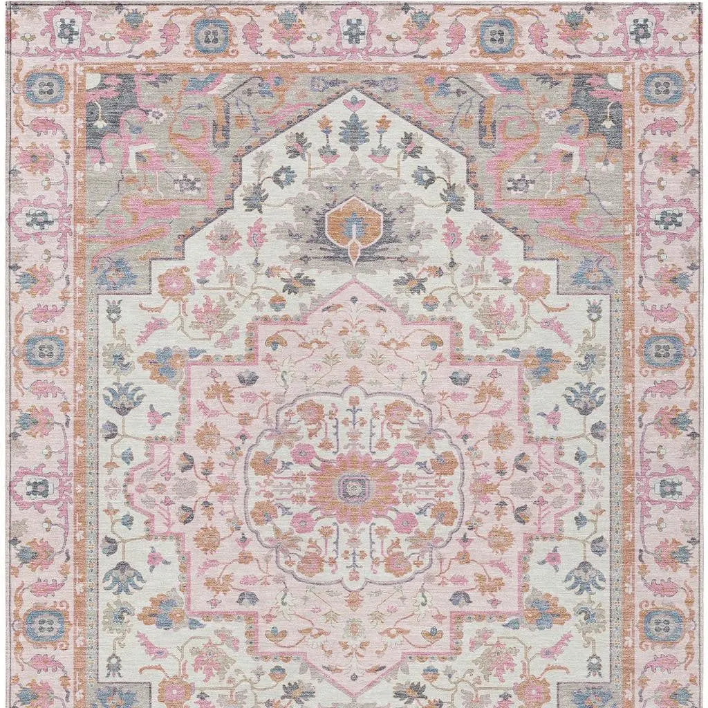 5' X 8' Pink And Gray Oriental Washable Indoor Outdoor Area Rug Homeroots Outdoor