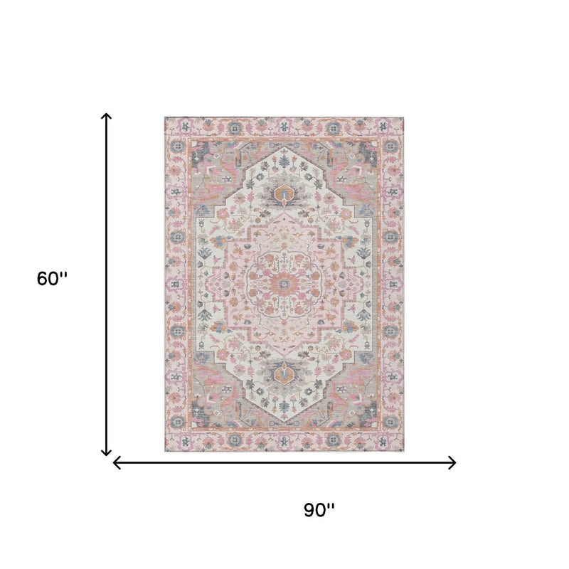 5' X 8' Pink And Gray Oriental Washable Indoor Outdoor Area Rug Homeroots Outdoor