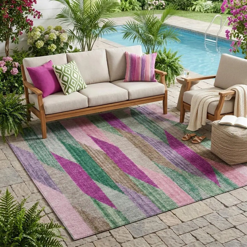 5' X 8' Pink And Green Striped Washable Indoor Outdoor Area Rug Homeroots Outdoor