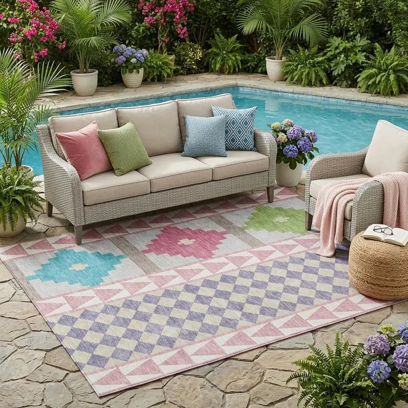 5' X 8' Pink And Ivory Southwestern Washable Indoor Outdoor Area Rug Homeroots Outdoor