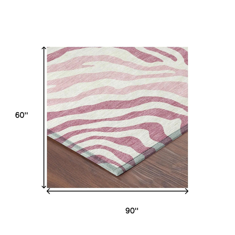 5' X 8' Pink And Ivory Zebra Print Washable Indoor Outdoor Area Rug Homeroots Outdoor