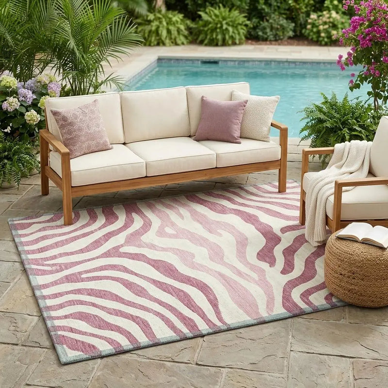 5' X 8' Pink And Ivory Zebra Print Washable Indoor Outdoor Area Rug Homeroots Outdoor