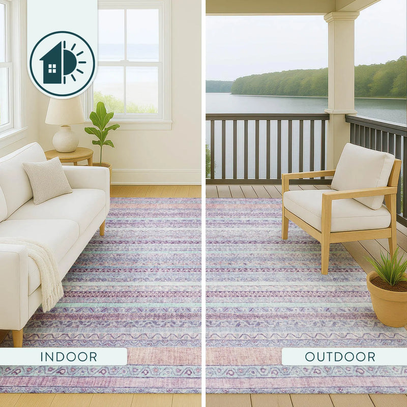 5' X 8' Pink And Lavender Striped Washable Indoor Outdoor Area Rug Homeroots Outdoor