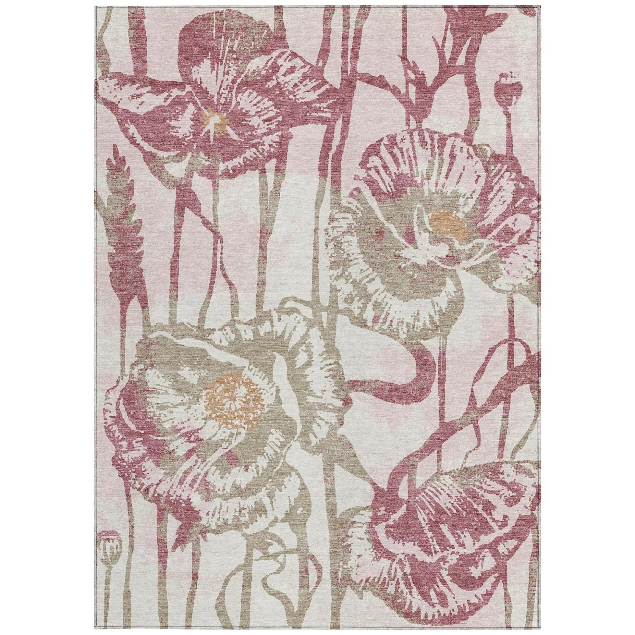 5' X 8' Pink And Linen Floral Washable Indoor Outdoor Area Rug Homeroots Outdoor