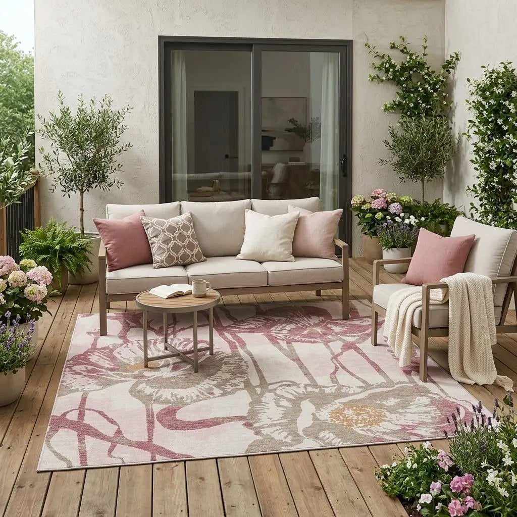 5' X 8' Pink And Linen Floral Washable Indoor Outdoor Area Rug Homeroots Outdoor