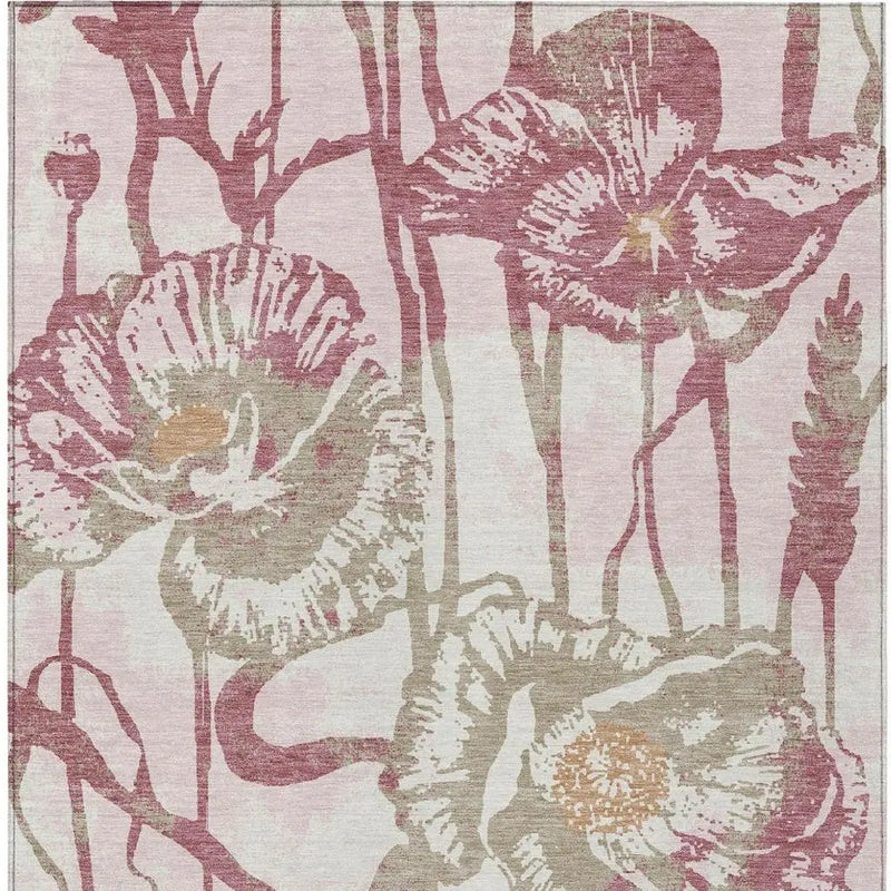 5' X 8' Pink And Linen Floral Washable Indoor Outdoor Area Rug Homeroots Outdoor
