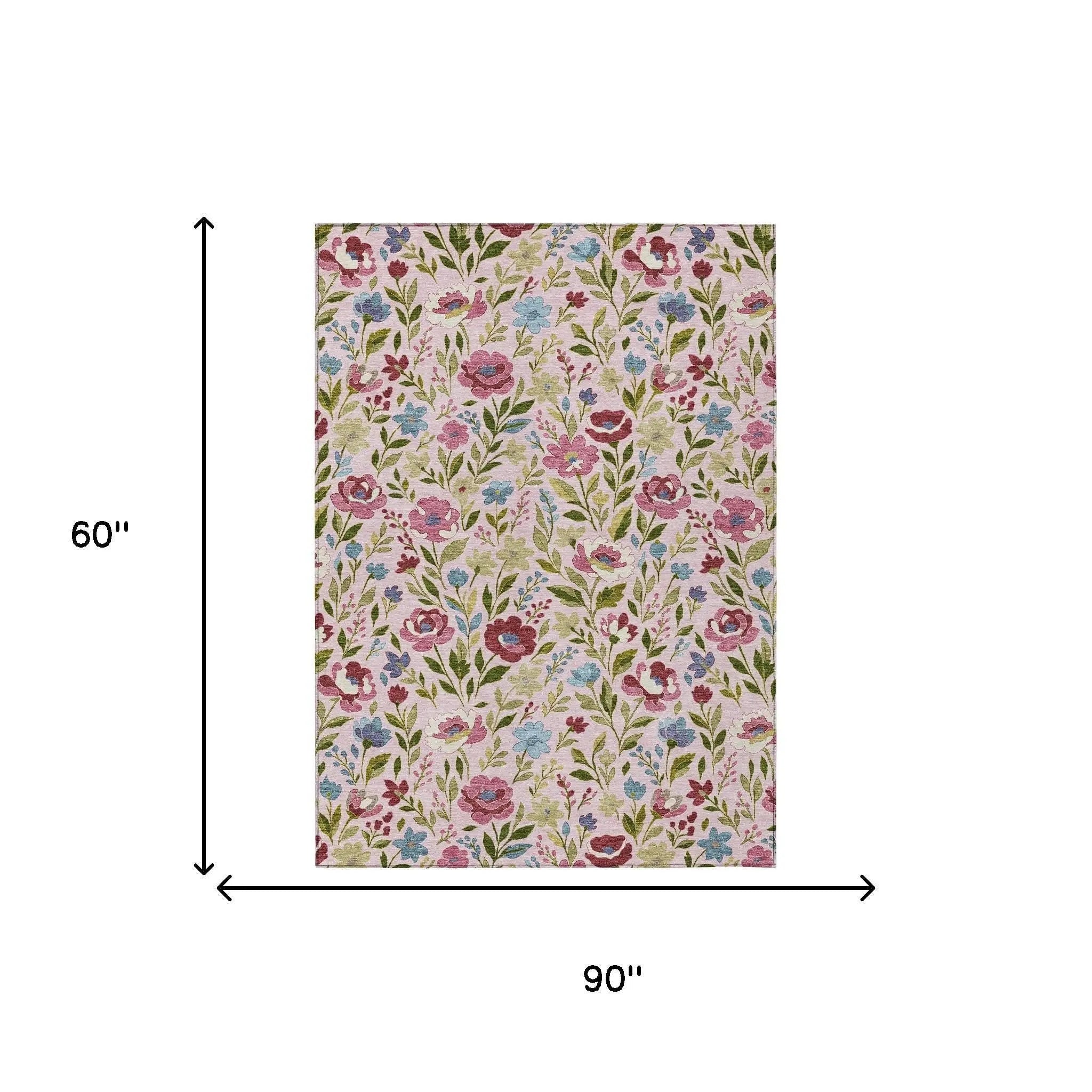 5' X 8' Pink And Linen Floral Washable Indoor Outdoor Area Rug Homeroots Outdoor