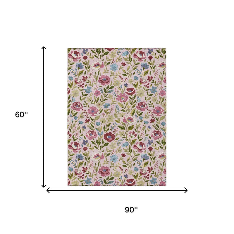 5' X 8' Pink And Linen Floral Washable Indoor Outdoor Area Rug Homeroots Outdoor