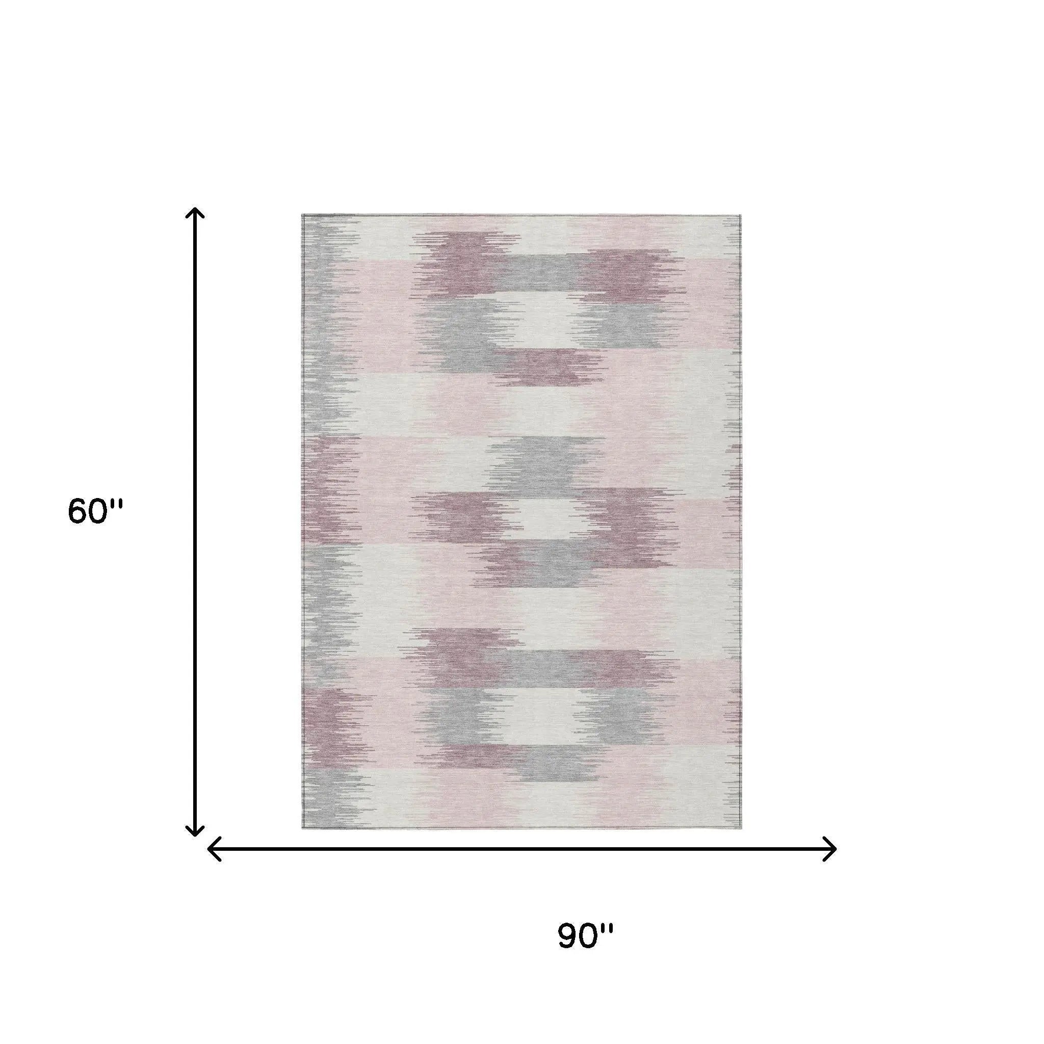 5' X 8' Pink And Linen Geometric Washable Indoor Outdoor Area Rug Homeroots Outdoor