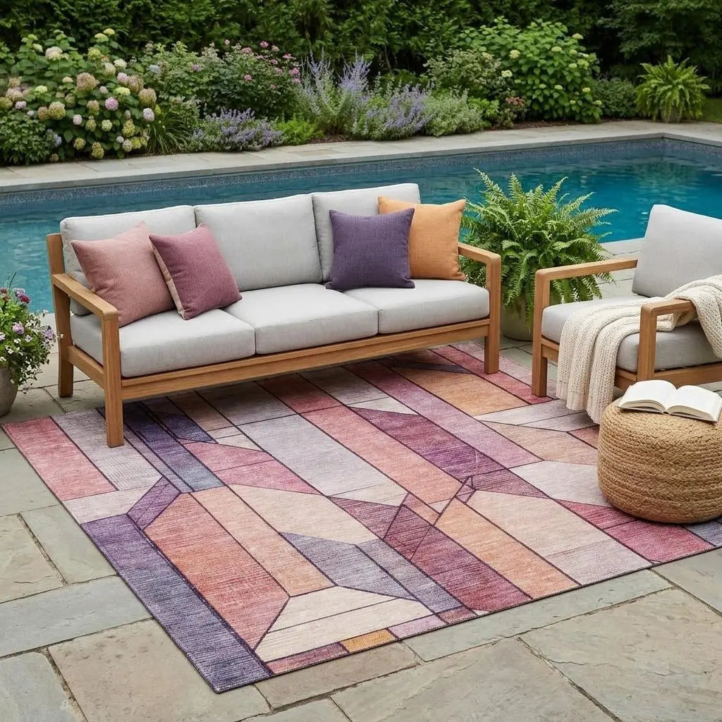 5' X 8' Pink And Mauve Geometric Washable Indoor Outdoor Area Rug Homeroots Outdoor
