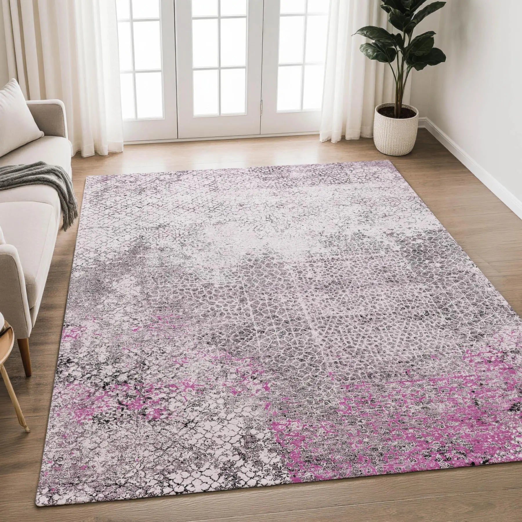 5' X 8' Pink And Pewter Abstract Washable Indoor Outdoor Area Rug Homeroots Outdoor