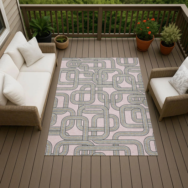 5' X 8' Pink And Pewter Geometric Washable Indoor Outdoor Area Rug Homeroots Outdoor