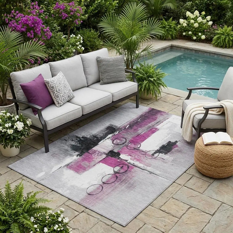 5' X 8' Pink And Silver Abstract Washable Indoor Outdoor Area Rug Homeroots Outdoor