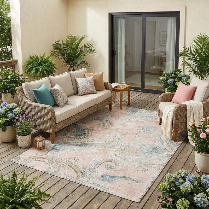 5' X 8' Pink And Silver Paisley Washable Indoor Outdoor Area Rug Homeroots Outdoor