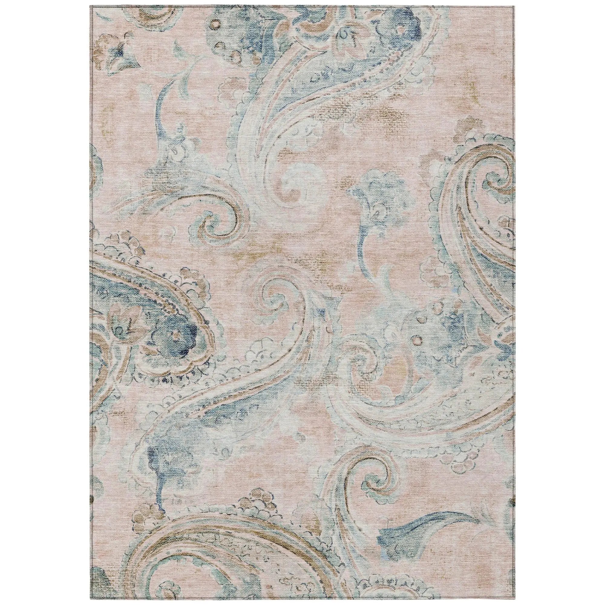 5' X 8' Pink And Silver Paisley Washable Indoor Outdoor Area Rug Homeroots Outdoor