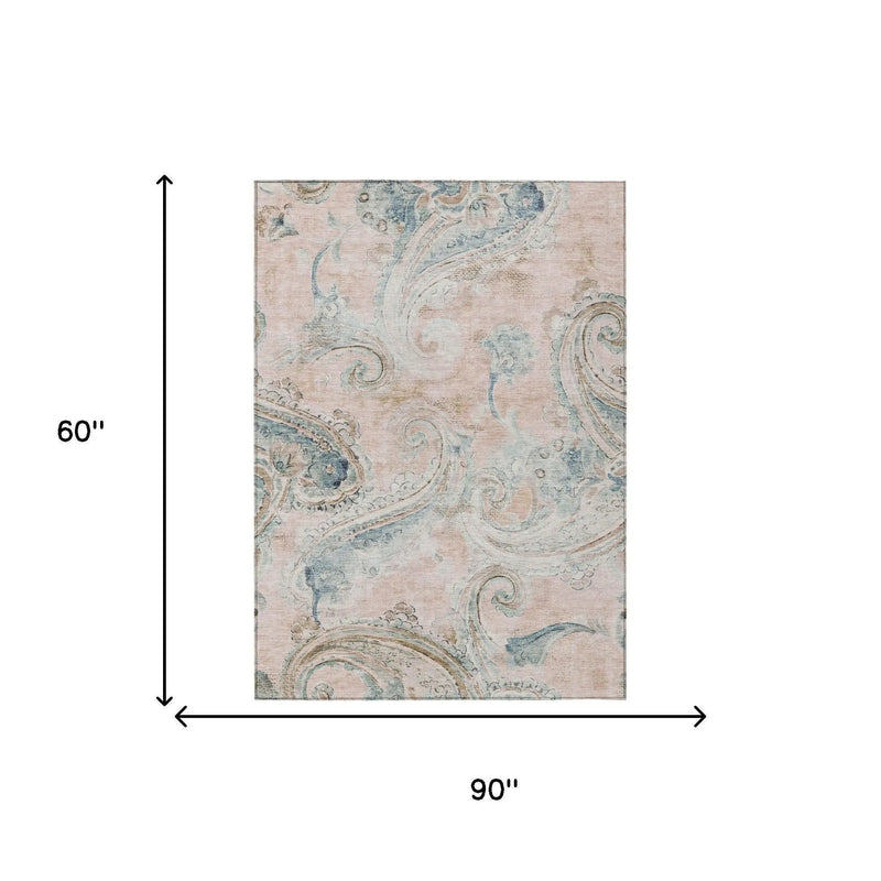 5' X 8' Pink And Silver Paisley Washable Indoor Outdoor Area Rug Homeroots Outdoor