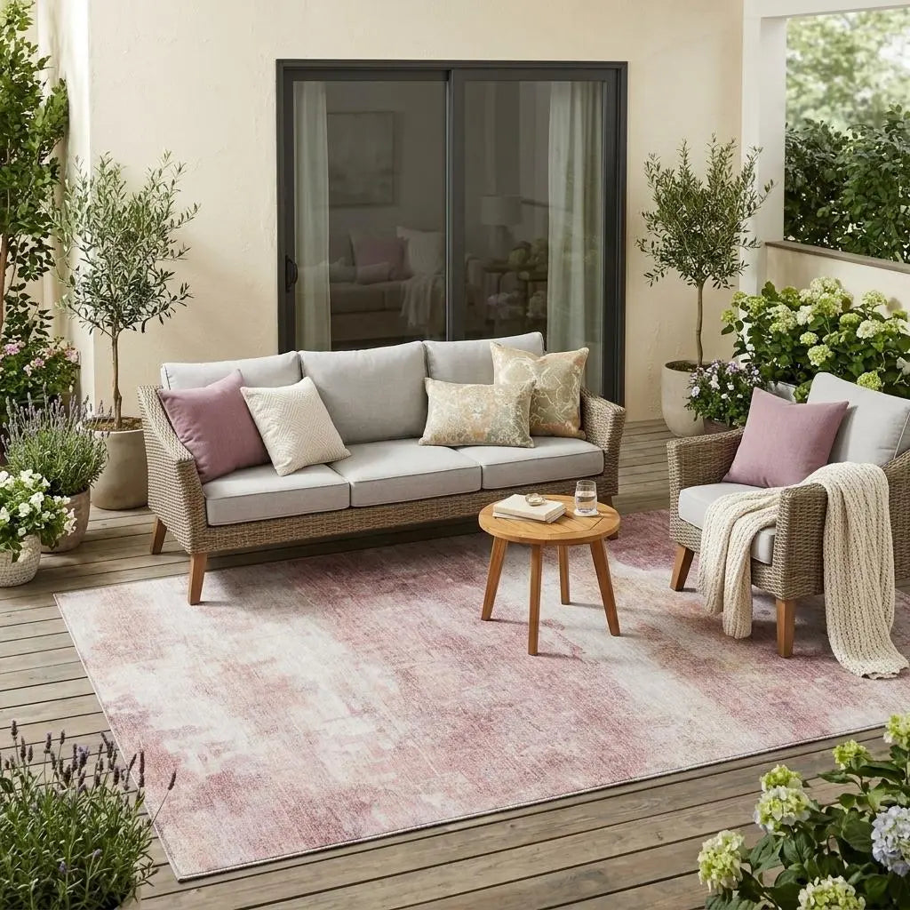 5' X 8' Pink And Tan Abstract Washable Indoor Outdoor Area Rug Homeroots Outdoor