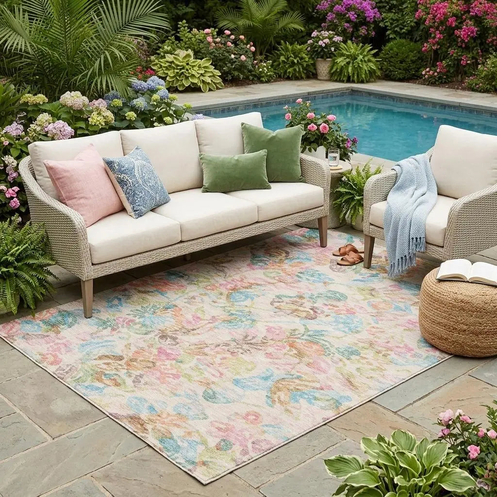5' X 8' Pink And Tan Floral Washable Indoor Outdoor Area Rug Homeroots Outdoor
